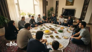 سفره پهن روی فرش در خانه ایرانی با نشستن جمع خانوادگی دور غذا و گردش ظرف‌ها؛ نماد صمیمیت و هم‌سطح شدن اجتماعی