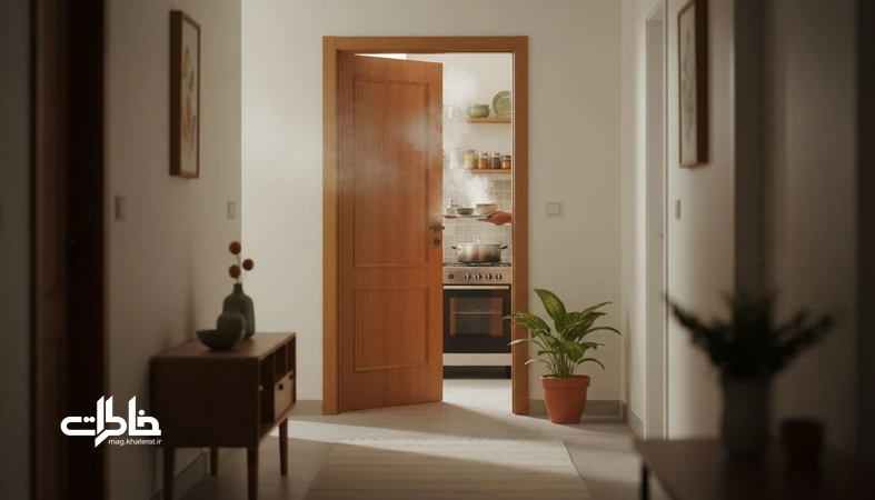 بوی غذای خانگی در راهروی آپارتمان ایرانی که حس خانه و خاطرات بویایی را تداعی می‌کند