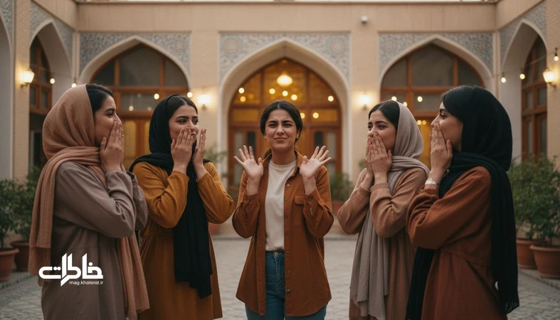 جمعی از جوانان ایرانی در حیاط خانه در حال بازی مجسمه های صورت و تلاش برای نخندیدن