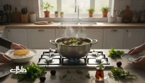 قابلمه قرمه سبزی جاافتاده در آشپزخانه ایرانی با بخار ملایم، سبزی و لیموعمانی؛ نماد صبر و خاطره سازی