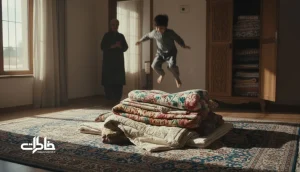 کودکی در حال پریدن روی کوه رختخواب های خانه مادربزرگ با لحاف و تشک روی قالی ایرانی؛ تصویر نوستالژیک از بازی خانگی قدیمی