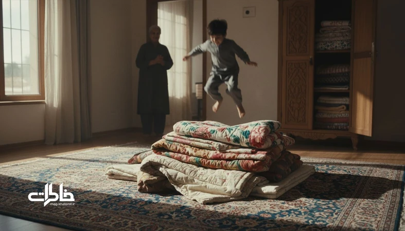 کودکی در حال پریدن روی کوه رختخواب های خانه مادربزرگ با لحاف و تشک روی قالی ایرانی؛ تصویر نوستالژیک از بازی خانگی قدیمی