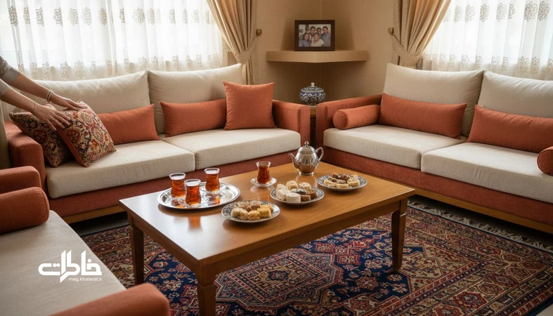 اتاق مهمان در خانه ایرانی با فرش ایرانی، پذیرایی چای و چیدمان مرتب؛ نمادی از آمادگی و اخلاق میزبانی