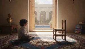 کودکی در خانه ایرانی کنار صندلی خالی که نماد دوست خیالی است؛ تصویری مرتبط با خاطره و کارکرد دوست خیالی در بزرگسالی_مجله خاطرات