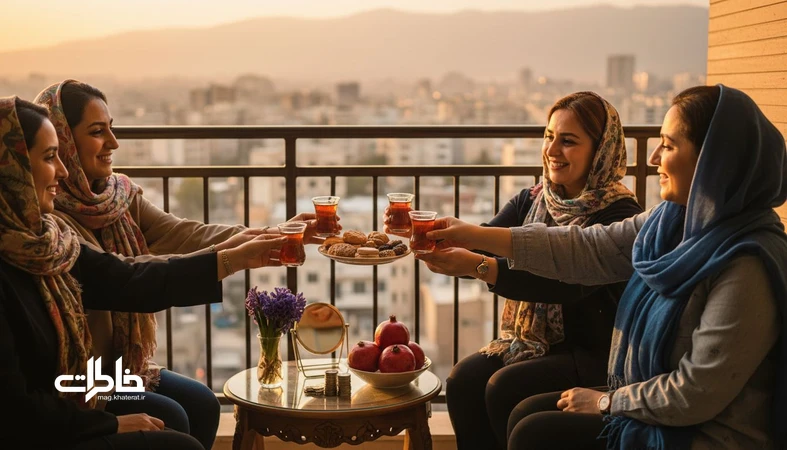 دورهمی صمیمی ایرانی با چای و خوراکی های سنتی؛ تصویر مفهومی از خاطره های جمعی ایرانی ها و آیین های مشترک