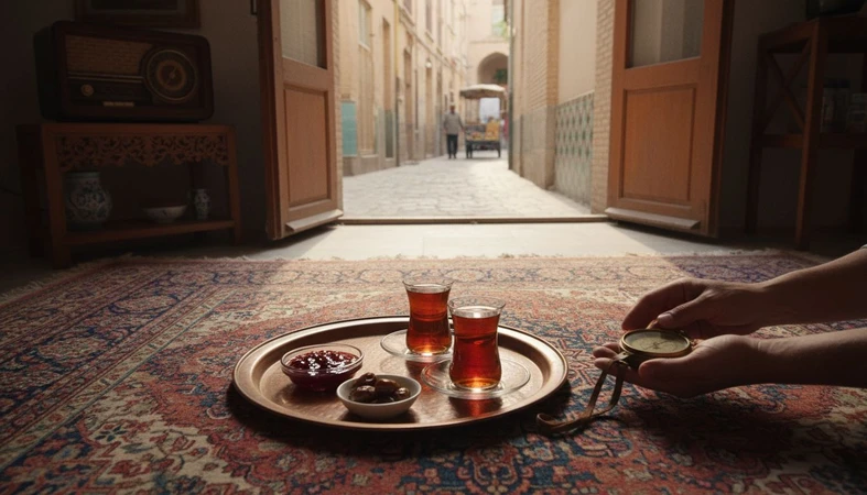 صحنه ای از نوستالژی ایرانی در خانه و کوچه با فرش ایرانی، سینی چای، رادیو قدیمی و بافت موزاییک محله