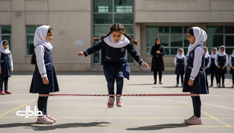 کش‌بازی در حیاط مدرسه ایرانی در زنگ تفریح؛ کودکان در حال پریدن از کش با خط‌کشی زمین و فضای نوستالژیک مدرسه