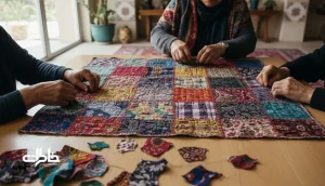 دست‌های ایرانی در حال دوخت چهل‌تکه و لحاف‌دوزی؛ تکه‌پارچه‌های رنگی به‌عنوان آرشیو بصری زندگی خانگی و گرمای عاطفی خانه