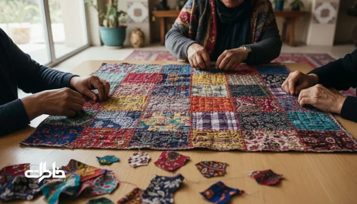 دست‌های ایرانی در حال دوخت چهل‌تکه و لحاف‌دوزی؛ تکه‌پارچه‌های رنگی به‌عنوان آرشیو بصری زندگی خانگی و گرمای عاطفی خانه