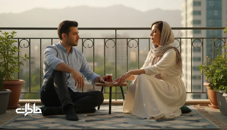 زوج ایرانی در سکوتی صمیمی روی بالکن؛ تصویر مفهوم عشق در گذر زمان و رشد رابطه با بلوغ عاطفی