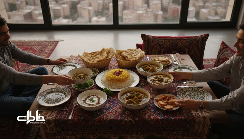 سفره مهمانی ایرانی با چیدمان غذا و دست‌هایی که بشقاب‌ها را تعارف می‌کنند؛ نماد تقسیم غذا و تقسیم محبت
