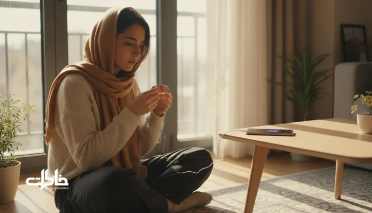 چهره یک جوان ایرانی کنار پنجره با هدفون و اشک؛ تصویر مفهوم گریه با موسیقی، حافظه و رهایی هیجانی