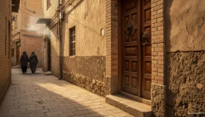 کوچه باریک در محله قدیمی ایران با نور عصرگاهی، در چوبی و آستانه خانه؛ نمادی از معماری صمیمیت و همزیستی