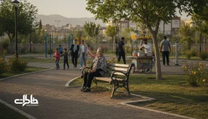 نمای عصرگاهی پارک محله در ایران با نیمکت، مسیر پیاده روی، وسایل ورزشی و همپوشانی نسل ها به عنوان نهاد اجتماعی روزمره