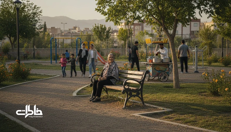 نمای عصرگاهی پارک محله در ایران با نیمکت، مسیر پیاده روی، وسایل ورزشی و همپوشانی نسل ها به عنوان نهاد اجتماعی روزمره