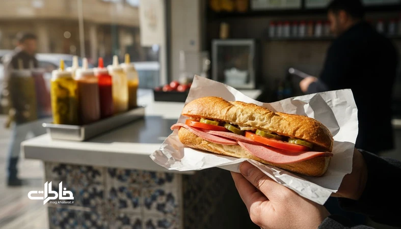 ساندویچ کالباس قدیمی با نان باگت نیمه‌گرم در کاغذ روغنی، همراه خیارشور و گوجه؛ روایت نوستالژیک ساندویچی‌های محلی