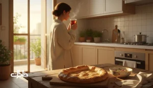 تصویر فردی ایرانی که بوی چای و نان تازه را استشمام می‌کند؛ نمادی از حافظه بویایی و یادآوری احساسی خاطرات.