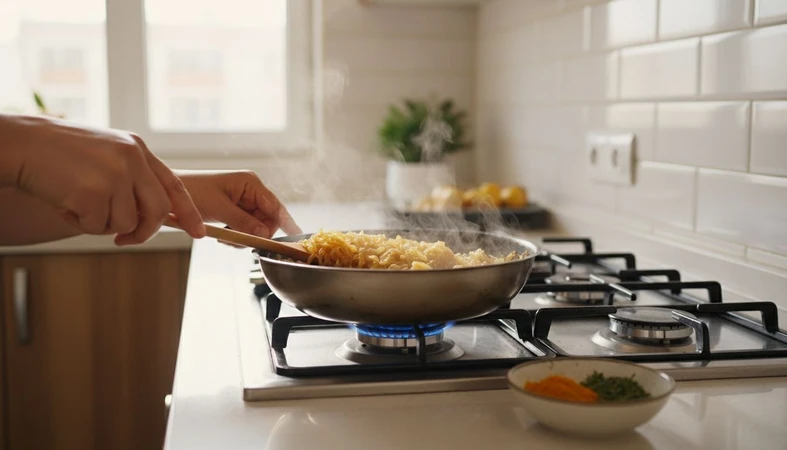 پیاز داغ در حال سرخ شدن روی اجاق گاز در آشپزخانه ایرانی؛ نماد حافظه چشایی و طعمهای ماندگار