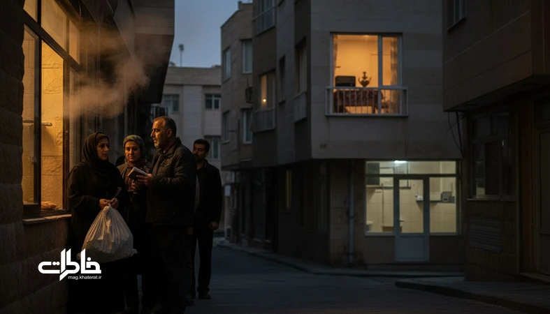 تصویر واقع‌گرای محله ایرانی با صف نان و نور شمع در خاموشی، نماد تاریخ روزمره مردم در صف‌ها و شادی‌های کوچک