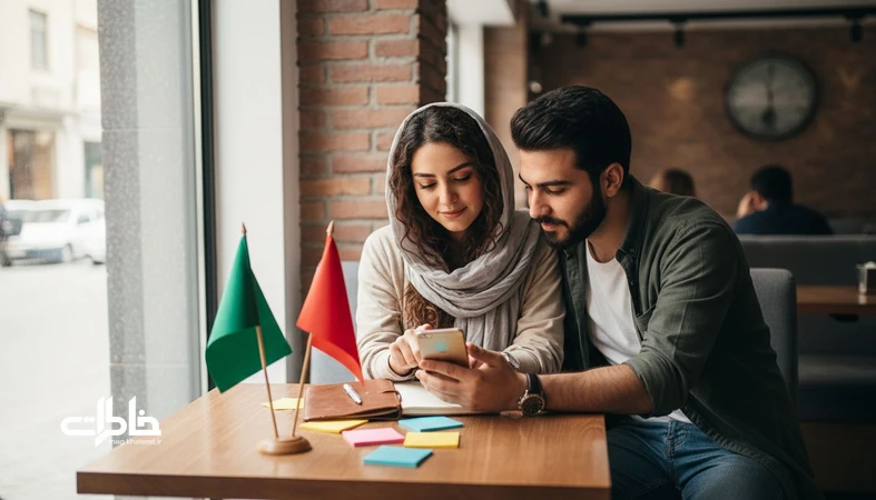 گفتوگوی دو جوان ایرانی درباره ردفلگ و گرینفلگ و مرزبندی در رابطه، با موبایل و دفتر یادداشت روی میز کافه