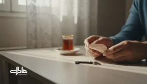 دست‌های ایرانی که بلیت تاخورده و کلید زنگ‌زده را نگه داشته‌اند؛ نماد اشیای کوچک غمگین و حافظه لمس‌پذیرِ فقدان