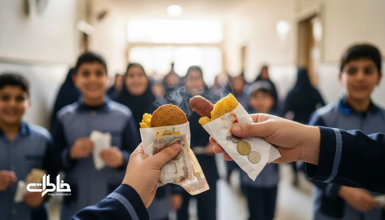 دست‌های دانش‌آموز در بوفه مدرسه با پول خرد و ساندویچ فلافل و بندری در زنگ تفریح
