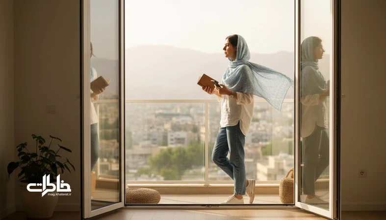 شخصی در آستانه درِ بالکن در ایران با دفترچه و گوشی؛ نماد آزادی های کوچک و نقطه های عطف بی صدای زندگی