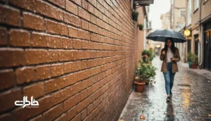 نمای نزدیک از دیوار آجری خیس بعد از باران در یک کوچه شهری ایران؛ تصویر مرتبط با بوی باران روی آجر و حافظه حسی شهر