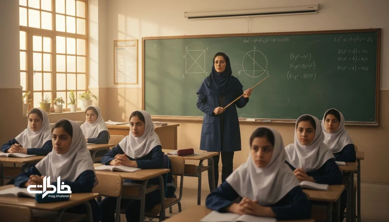 معلم ریاضی سخت‌گیر در کلاس درس با سکوت و انضباط؛ تصویر مفهومی از احترام و ترس مفید در فضای مدرسه ایرانی_مجله خاطرات