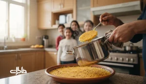 ته‌دیگ طلایی در لحظه برگرداندن قابلمه و هیجان تقسیم در آشپزخانه یک خانواده ایرانی