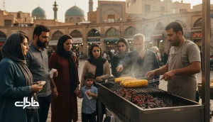 گاری بلال کبابی در بازار تجریش با جمعی از رهگذران؛ روایت آیین خوردن بلال در میدان تجریش تهران