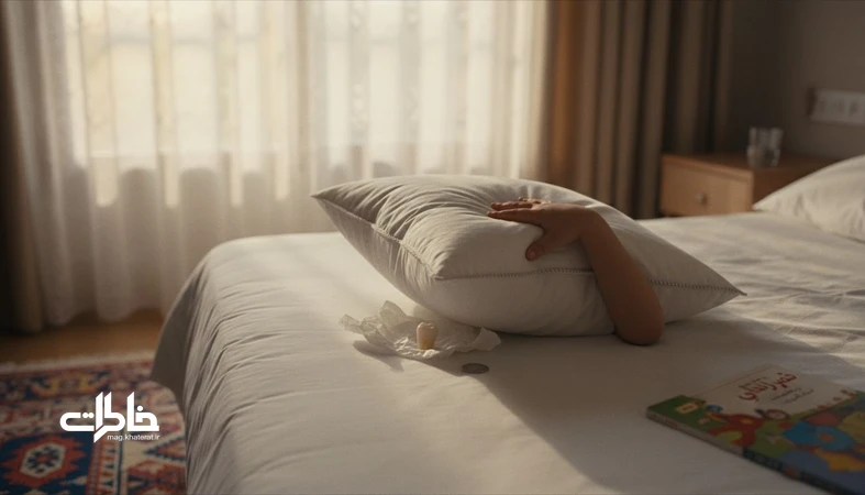 دست کودک ایرانی هنگام برداشتن بالش و دیدن دندان شیری و سکه زیر بالش در آیین دندان زیر بالش