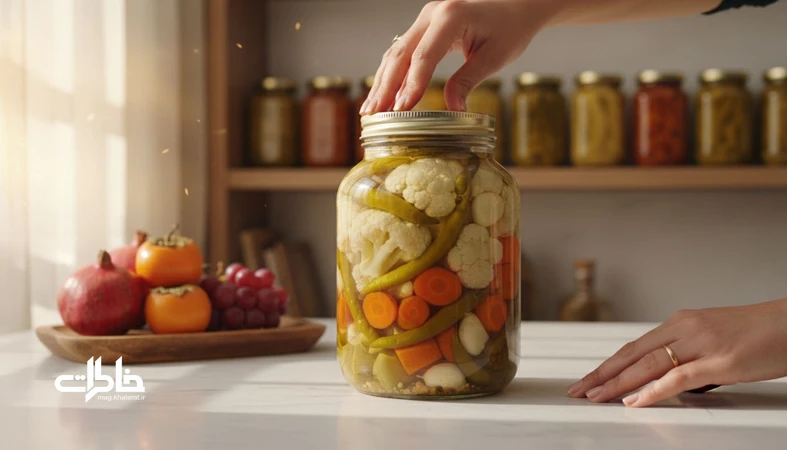 شیشه ترشی مخلوط خانگی روی کابینت آشپزخانه ایرانی؛ نماد تقویم پاییزی و جا افتادن ترشی‌های شیشه‌ای