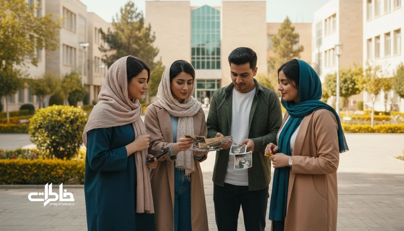 گروهی از دانشجویان ایرانی در محوطه دانشگاه که عکسهای قدیمی دانشگاه را مرور میکنند؛ نمادی از حافظه جمعی و ثبت خاطره