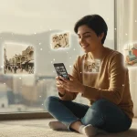 تصویر مفهومی از حافظه تصویری: فردی ایرانی کنار پنجره با نور طبیعی، میان عکس‌های موبایل و قاب‌های محو خاطره در اطراف