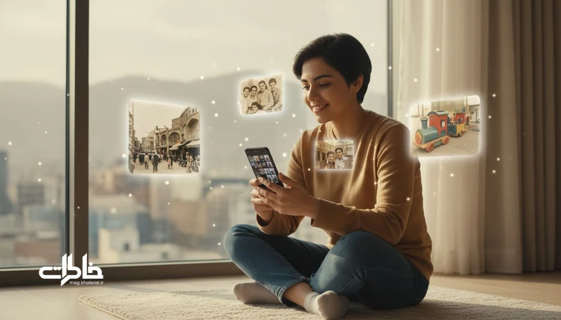 تصویر مفهومی از حافظه تصویری: فردی ایرانی کنار پنجره با نور طبیعی، میان عکس‌های موبایل و قاب‌های محو خاطره در اطراف