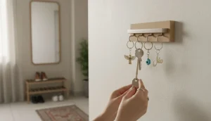 جاکلیدی دیواری کنار در ورودی خانه ایرانی با آویزهای کلید؛ نماد رسیدن، صدا و حس تعلق