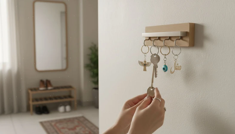 جاکلیدی دیواری کنار در ورودی خانه ایرانی با آویزهای کلید؛ نماد رسیدن، صدا و حس تعلق
