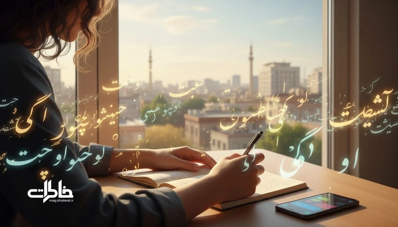 فردی در حال نوشتن در دفتر کنار پنجره؛ تصویر نمادین از حافظه کلامی و خاطرات خواندنی که کلمات را ظرف احساس نشان می‌دهد.