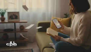 تصویر فضای صمیمی ایرانی با دفترچه و گوشی، نماد همراهی یک بیت شعر فارسی با خاطره‌ها و مراحل زندگی