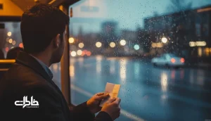 تصویر سینمایی از یک مرد جوان ایرانی کنار پنجره اتوبوس در هوای بارانی؛ نمادی از حس یک اسم پسرانه خاص و ماندنی