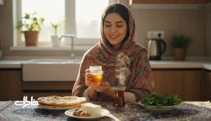 تصویر دختری ایرانی در آشپزخانه با شیشه عسل و نور طلایی؛ مناسب مقاله نام دخترانه عسل و حس نوستالژیک آن