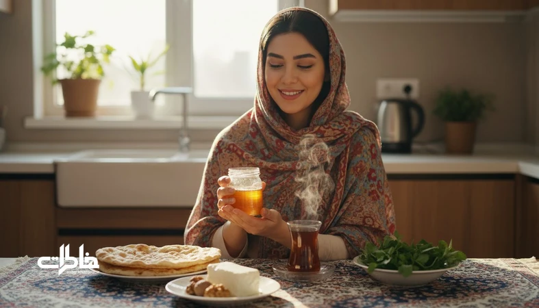 تصویر دختری ایرانی در آشپزخانه با شیشه عسل و نور طلایی؛ مناسب مقاله نام دخترانه عسل و حس نوستالژیک آن