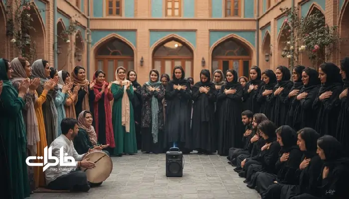 موسیقی مراسم در ایران؛ تصویر نمادین از ریتم جمعی میان عروسی و عزا در یک فضای ایرانی