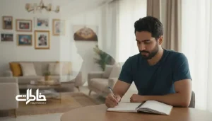 تصویر مرد جوان ایرانی در خانه با دفتر یادداشت و بازتاب سایه‌وار؛ نماد خاطره مقایسه و صدای سرزنش درونی