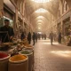 نمای داخلی یک بازار سرپوشیده ایرانی با نورگیرهای سقفی، نیم سایه ها و راسته مغازه ها؛ روایت نور و صدا در بازار سنتی