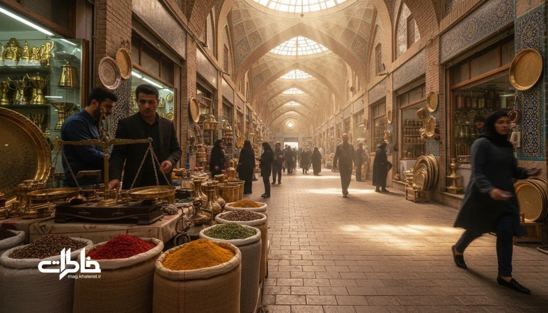 نمای داخلی یک بازار سرپوشیده ایرانی با نورگیرهای سقفی، نیم سایه ها و راسته مغازه ها؛ روایت نور و صدا در بازار سنتی