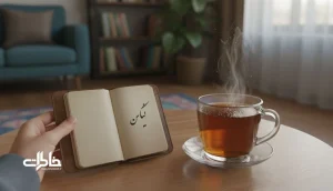 تصویر نوستالژیک از دفترچه یادداشت و چای کنار پنجره بارانی، الهام‌گرفته از حس یک اسم دخترانه که مثل دعا در گوش می‌ماند