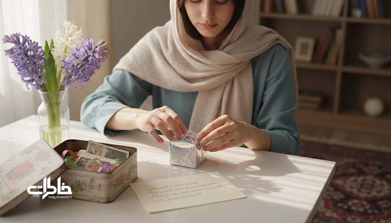 تصویر یک زن ایرانی در حال بسته‌بندی هدیه روی میز آشپزخانه با سنبل و یادداشت دست‌نویس؛ فضایی گرم و نوستالژیک درباره اسم هدیه