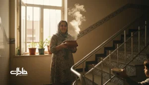 تصویر راه‌پله آپارتمان ایرانی با بخار غذای محلی که ماشه خاطرات کودکی و حافظه حسی را فعال می‌کند